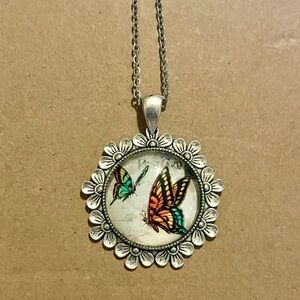 Silver Colored Floral Glass Butterfly Pendant Necklace